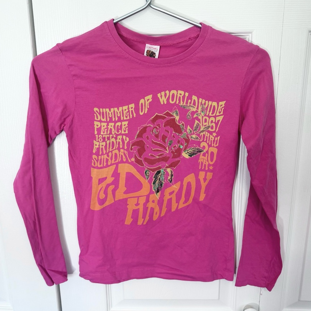 Vintage Y2K Ed Hardy Kids Pink Graphic Long Sleeve Shirt MEDIUM